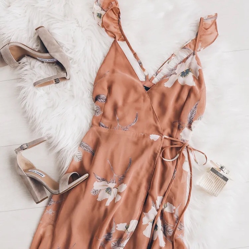 Lulu’s All Mine Rusty Rose Floral Print High-Low Wrap Dress